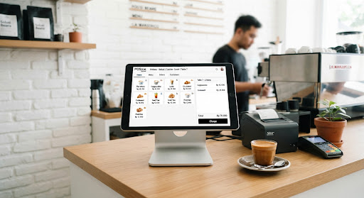 A high-end, editorial style photograph showing a sleek point-of-sale terminal at a brightly lit coffee shop counter. The terminal displays a clean, white-themed interface with high-contrast black typography and quick-select item buttons. A stark white background highlights the hardware and a perfectly pulled shot of espresso sitting nearby. Minimalist, polished, and professional.