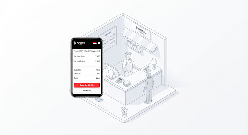 A simple, elegant isometric illustration of a small food stall setup, rendered in a crisp, white-dominant color palette with delicate grey shading. A smartphone running a minimalist POS app stands out, featuring high-contrast black UI elements and a vivid red action button. The composition uses expansive white space to convey simplicity and approachability.